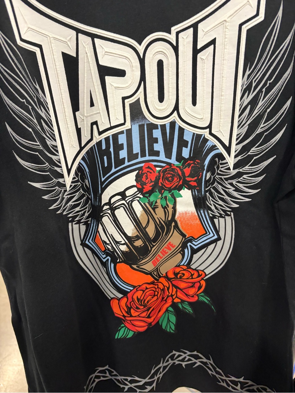 Tapout Black Short Sleeve Tee with Red Roses and White Wings - Picture 3 of 3